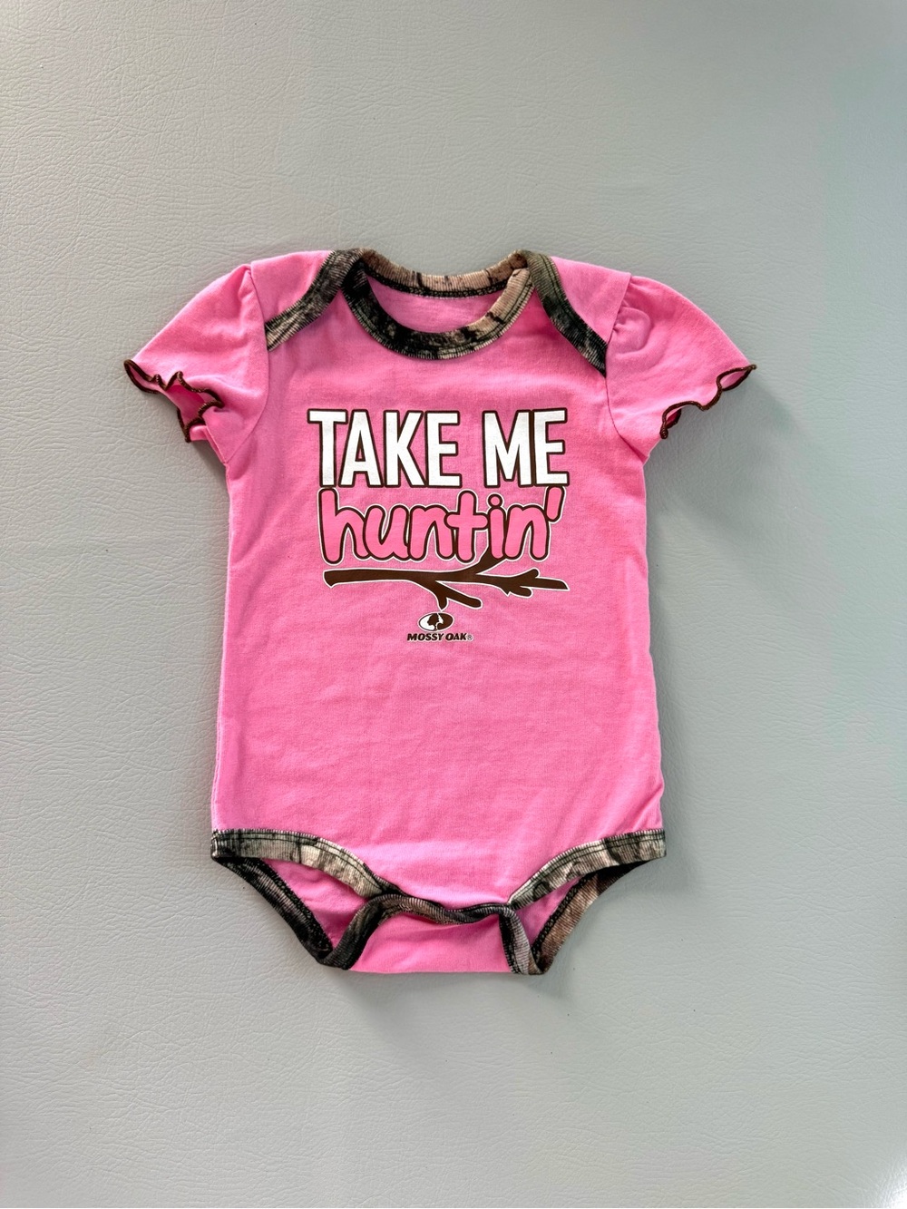 Mossy Oak Baby Girl Pink "Take Me Huntin" Onesie Bodysuit Camo 6-9M Hunting